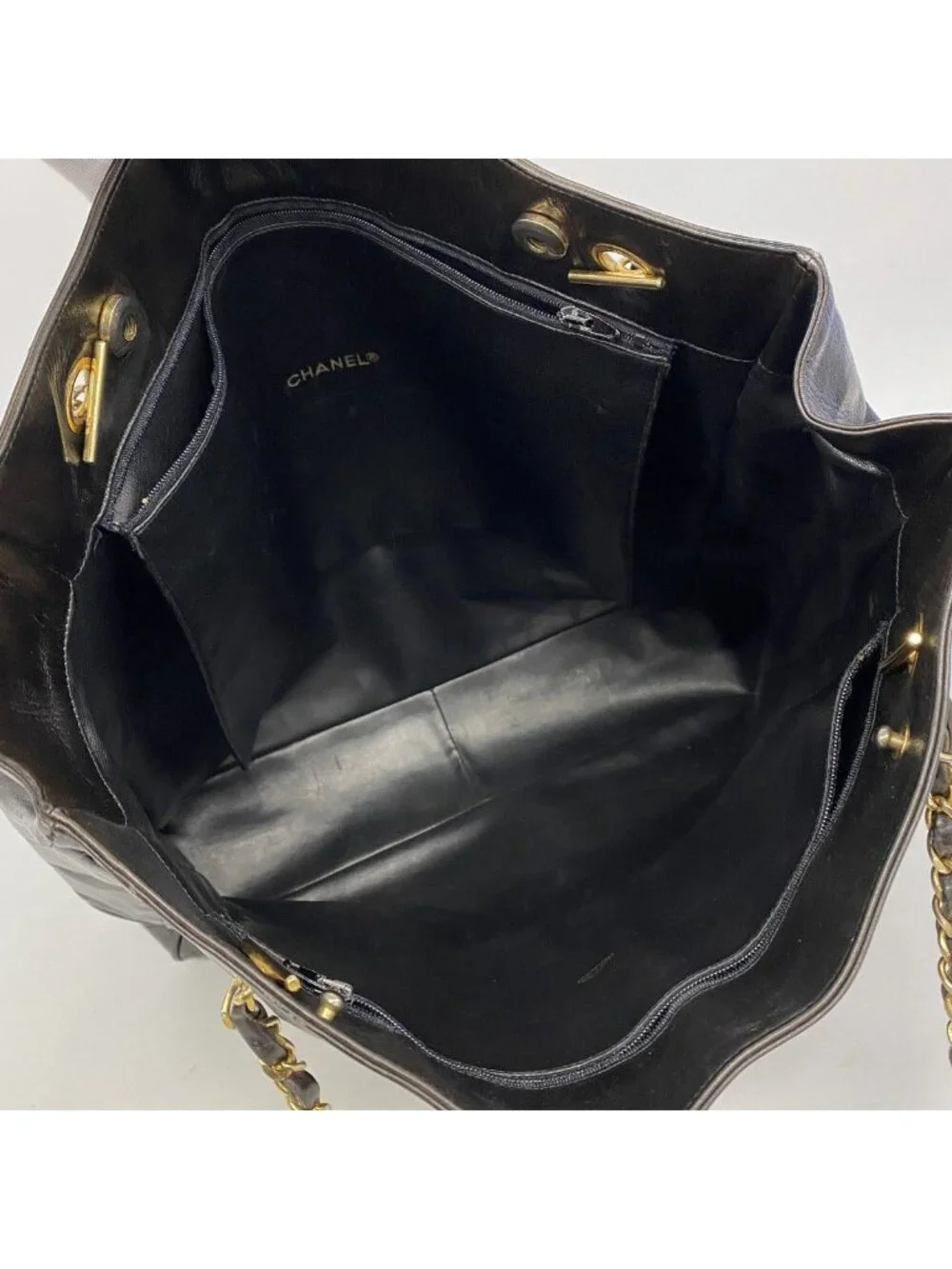 Chanel Chain Tote Quilted Lambskin Black Gold